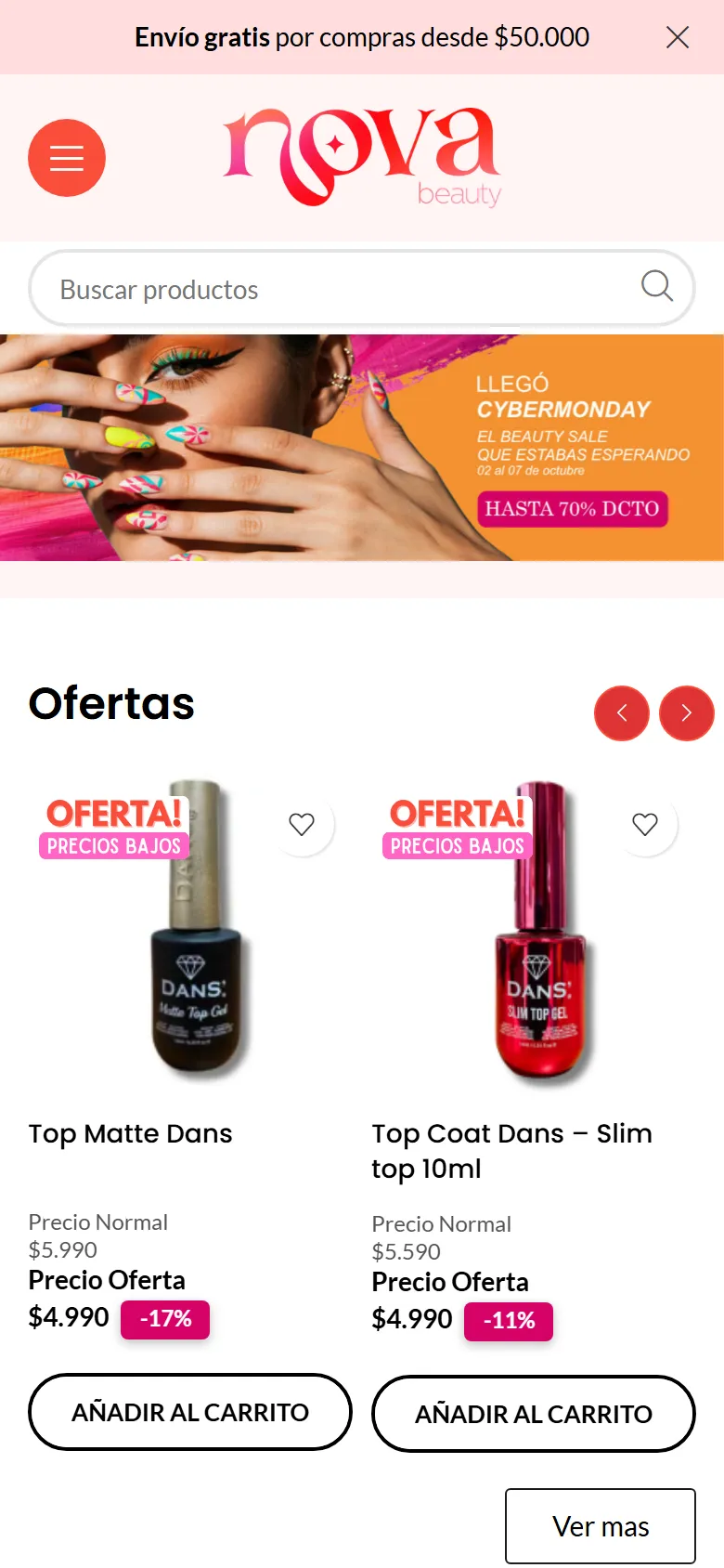 Versión móvil de novabeauty.cl, tienda online con Webpay Plus